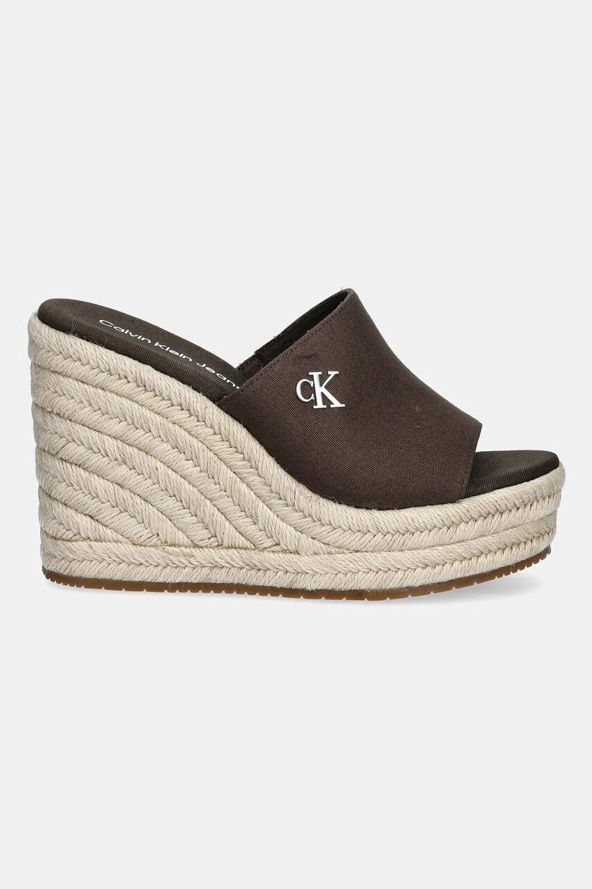 Шльопанці Calvin Klein Jeans WEDGE ROPE SLIDE MG жіночі колір коричневий на танкетці YW0YW01699