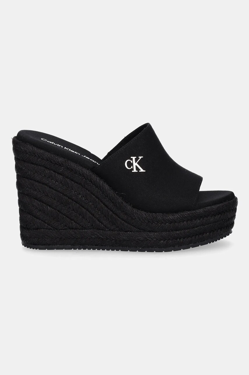 Шльопанці Calvin Klein Jeans WEDGE ROPE SLIDE MG жіночі колір чорний на танкетці YW0YW01699