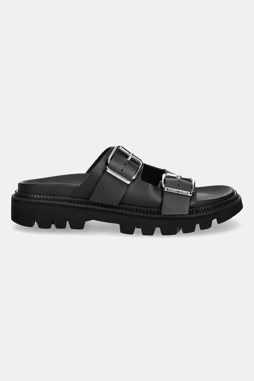 Шкіряні шльопанці Tommy Jeans DOUBLE STRAP SANDAL жіночі колір чорний на платформі EN0EN02753