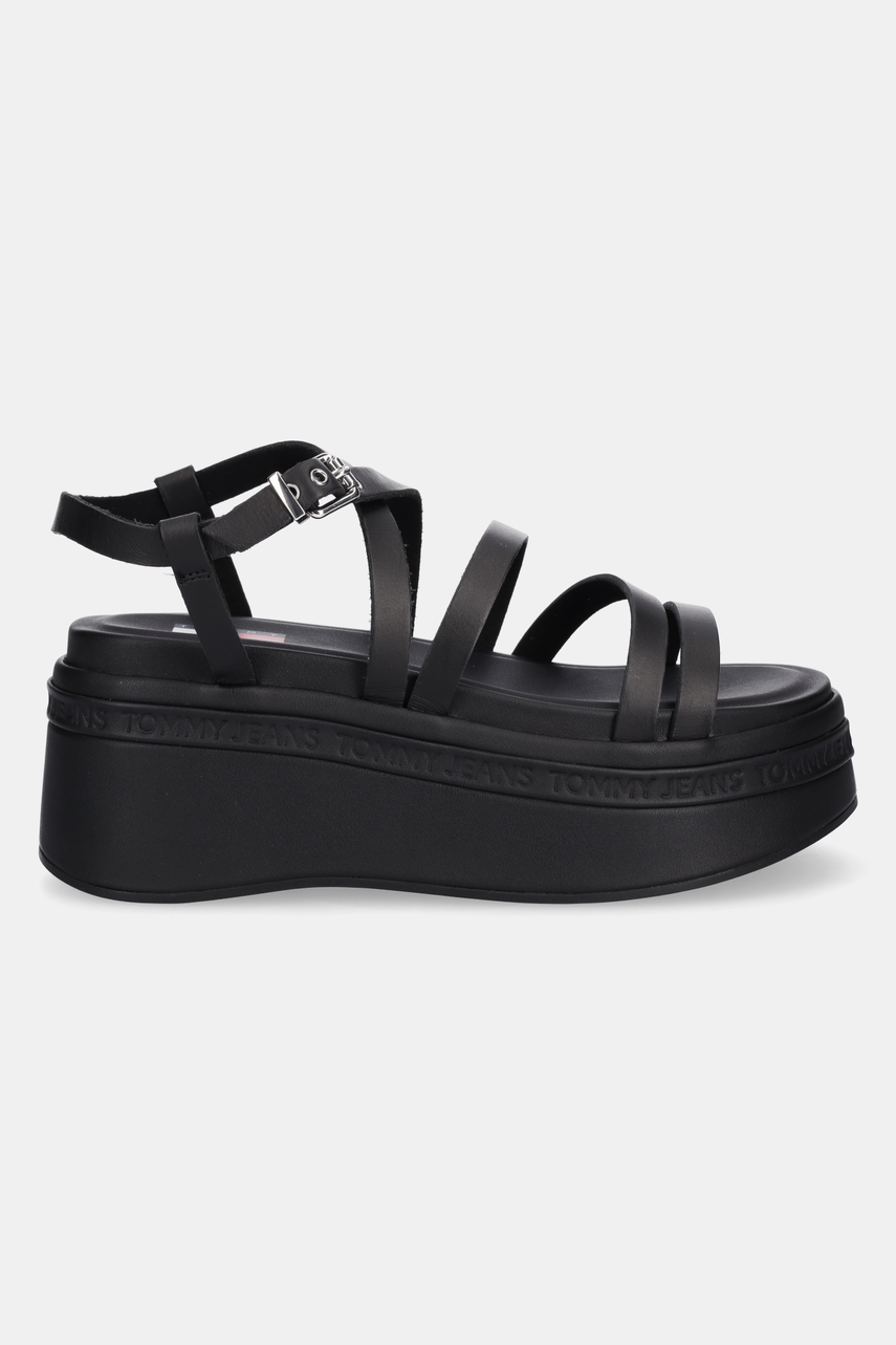 Шкіряні сандалі Tommy Jeans WEDGY STRAPPY SANDAL жіночі колір чорний на платформі EN0EN02756