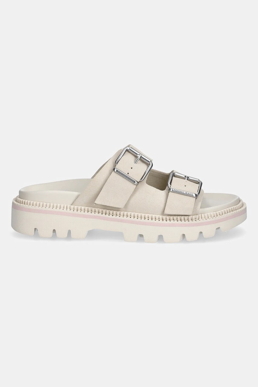 Замшеві шльопанці Tommy Jeans DOUBLE STRAP SANDAL SUEDE жіночі колір бежевий на платформі EN0EN02797