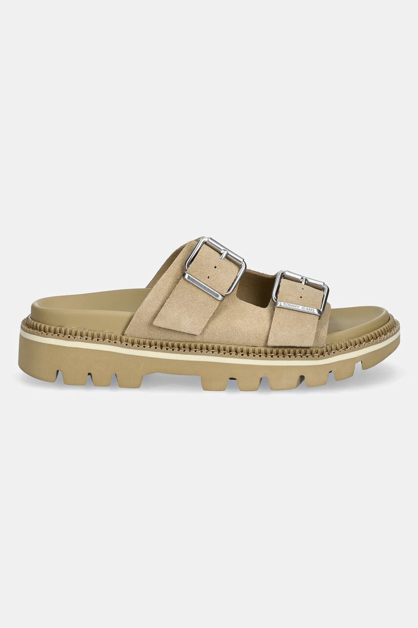 Замшеві шльопанці Tommy Jeans DOUBLE STRAP SANDAL SUEDE жіночі колір бежевий на платформі EN0EN02797