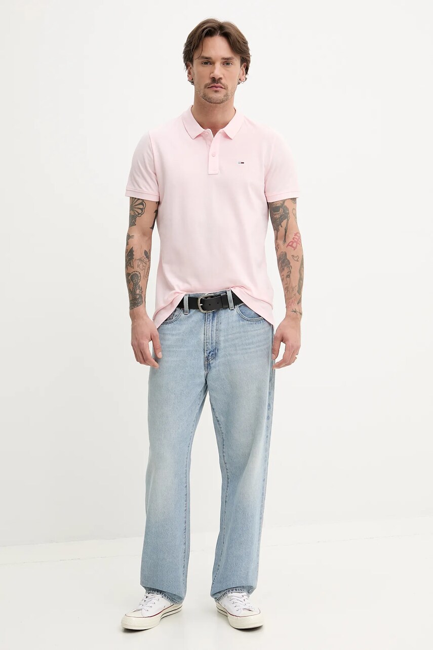 Бавовняне поло Tommy Jeans чоловіче колір рожевий однотонне DM0DM20676