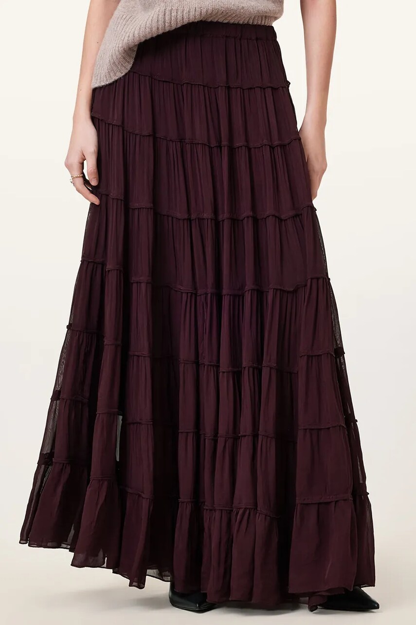 Спідниця AllSaints EVA колір бордовий maxi розкльошена W061RC