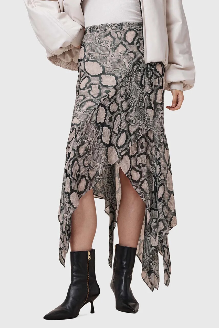 Спідниця з домішкою шовку AllSaints CASSIE midi розкльошена W013RC