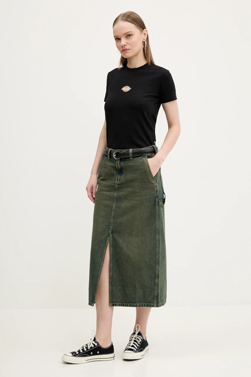 Джинсова спідниця Dickies колір зелений midi пряма DK0A866SK571