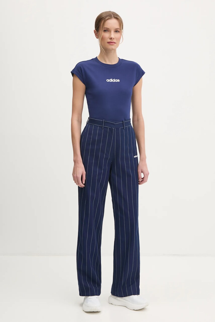 Штани adidas Originals PINSTRIPE PANTS жіночі колір синій прямі висока посадка JJ3482