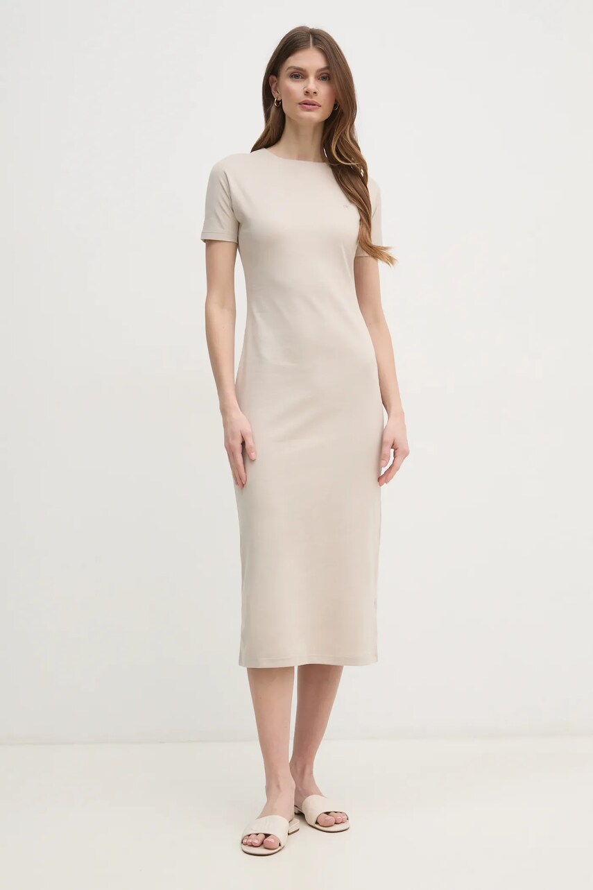 Бавовняна сукня Calvin Klein колір бежевий midi облягаюча K20K208299