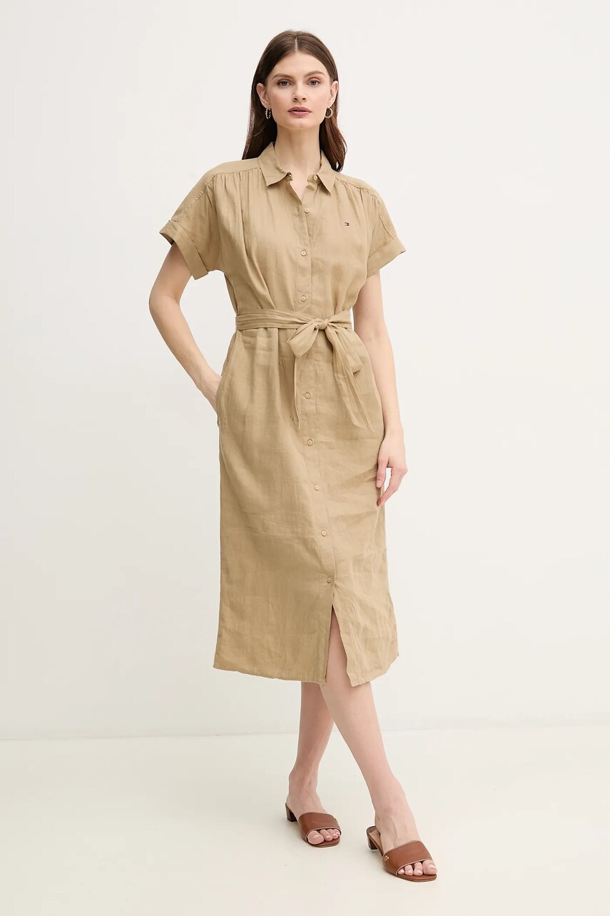 Льняна сукня Tommy Hilfiger колір зелений midi розкльошена WW0WW44653