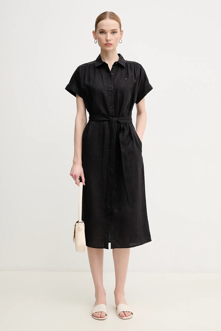 Льняна сукня Tommy Hilfiger колір чорний midi розкльошена WW0WW44653