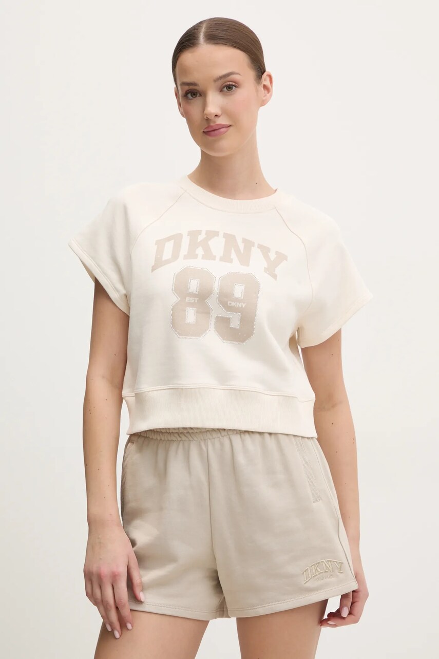 Бавовняні шорти Dkny жіночі колір бежевий однотонні висока посадка DP5S5252