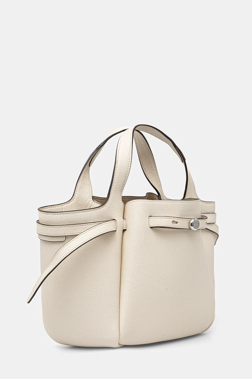 Шкіряна сумочка Tory Burch Romy Pebbled Satchel колір бежевий 164866-921