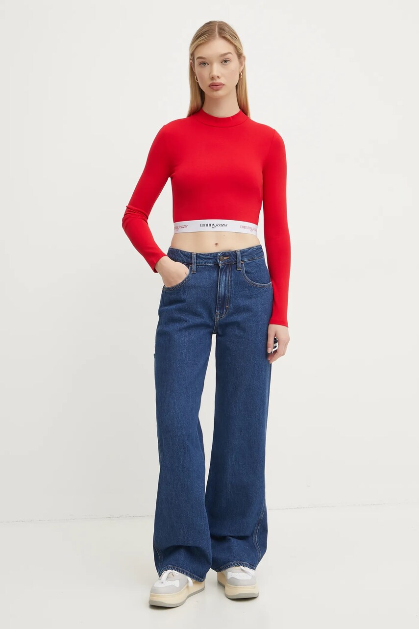 Лонгслів Tommy Jeans жіночий колір червоний півгольф DW0DW19510