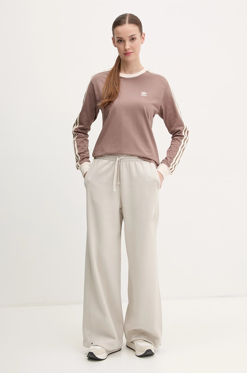 Бавовняний лонгслів adidas Originals 3-Stripes колір коричневий JC5773
