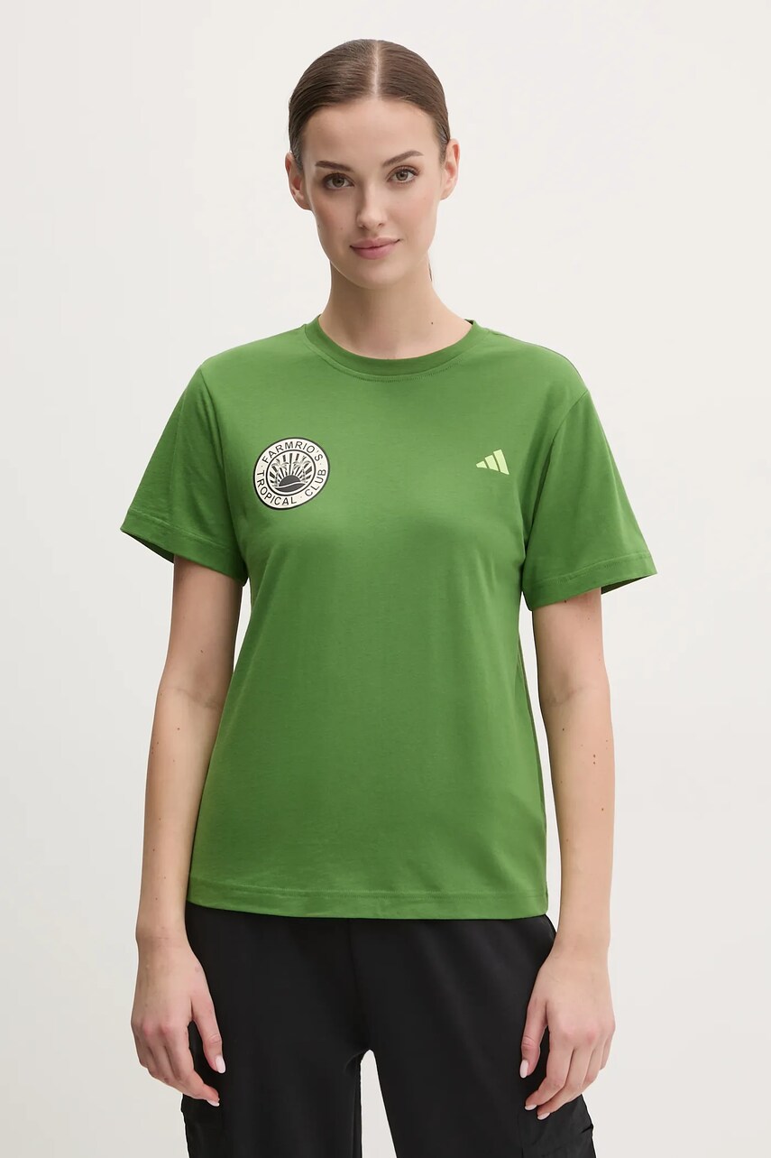 Бавовняна футболка adidas x Farm Rio жіноча колір зелений JD6292
