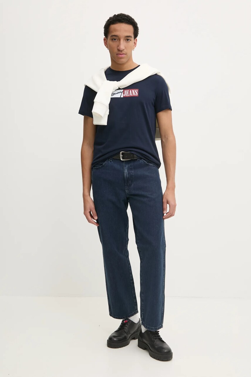 Бавовняна футболка Tommy Jeans чоловіча колір синій з принтом DM0DM20365