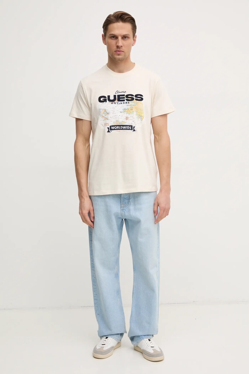 Бавовняна футболка Guess чоловіча колір бежевий з аплікацією M5RI10 I3Z14