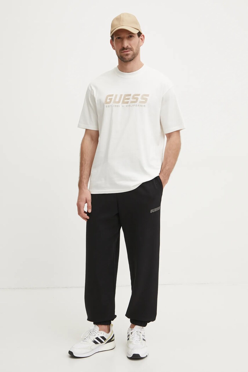 Бавовняна футболка Guess SURON чоловіча колір бежевий з аплікацією Z5RI10 I3Z14