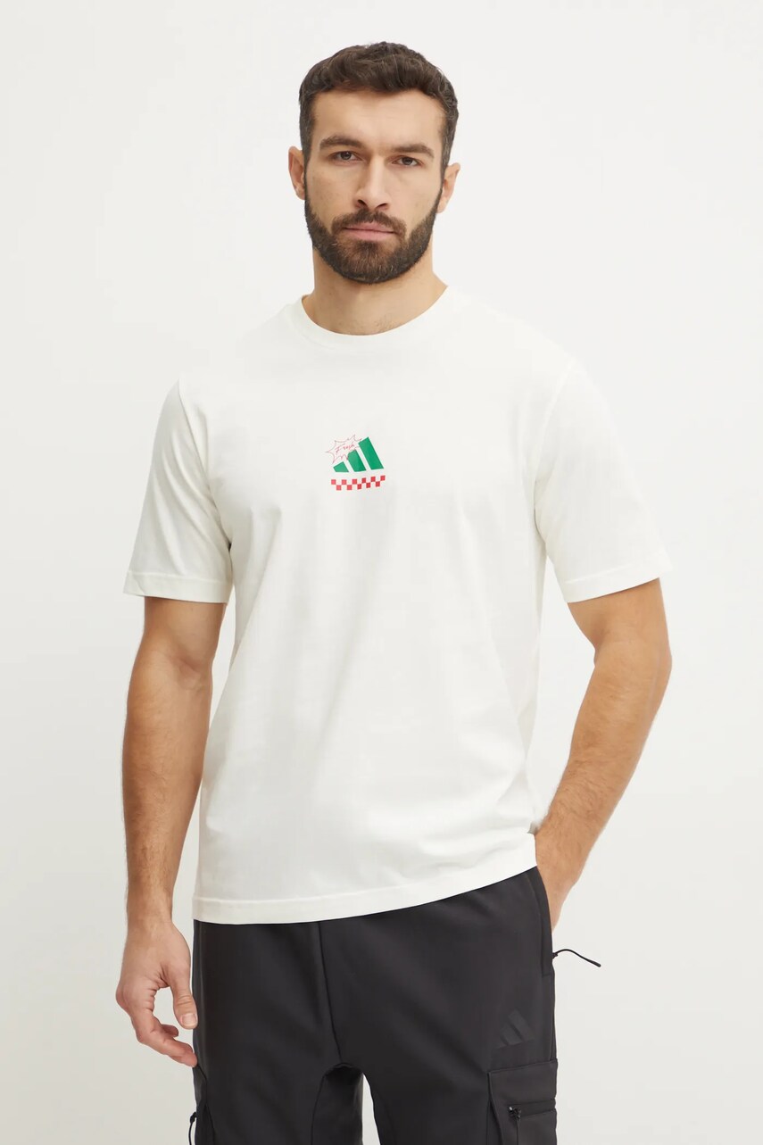 Бавовняна футболка adidas M L PIZZA TEE чоловіча колір бежевий з принтом JJ4016