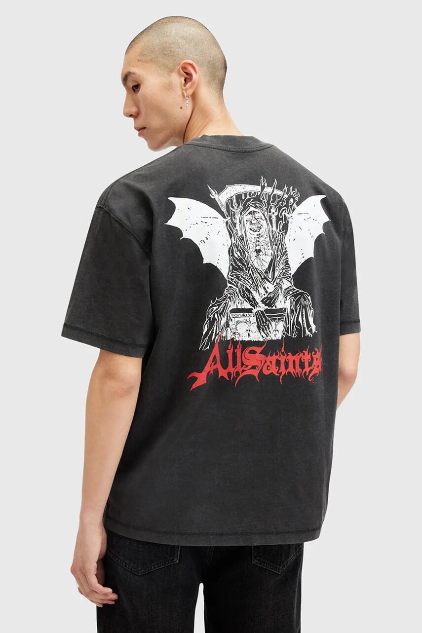 Бавовняна футболка AllSaints DAMIENZ чоловіча колір чорний з принтом M059PB
