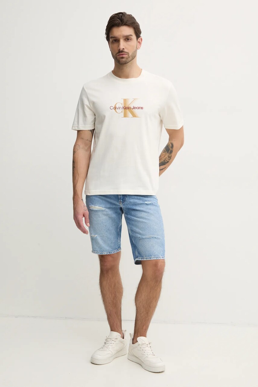 Бавовняна футболка Calvin Klein Jeans чоловіча колір бежевий з принтом J30J327471