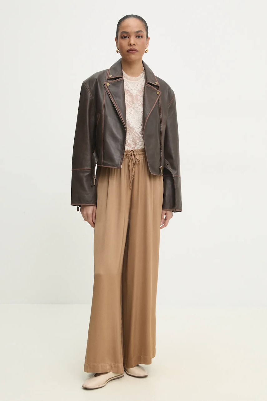 Шкіряна куртка Answear Lab жіноча колір коричневий перехідна oversize