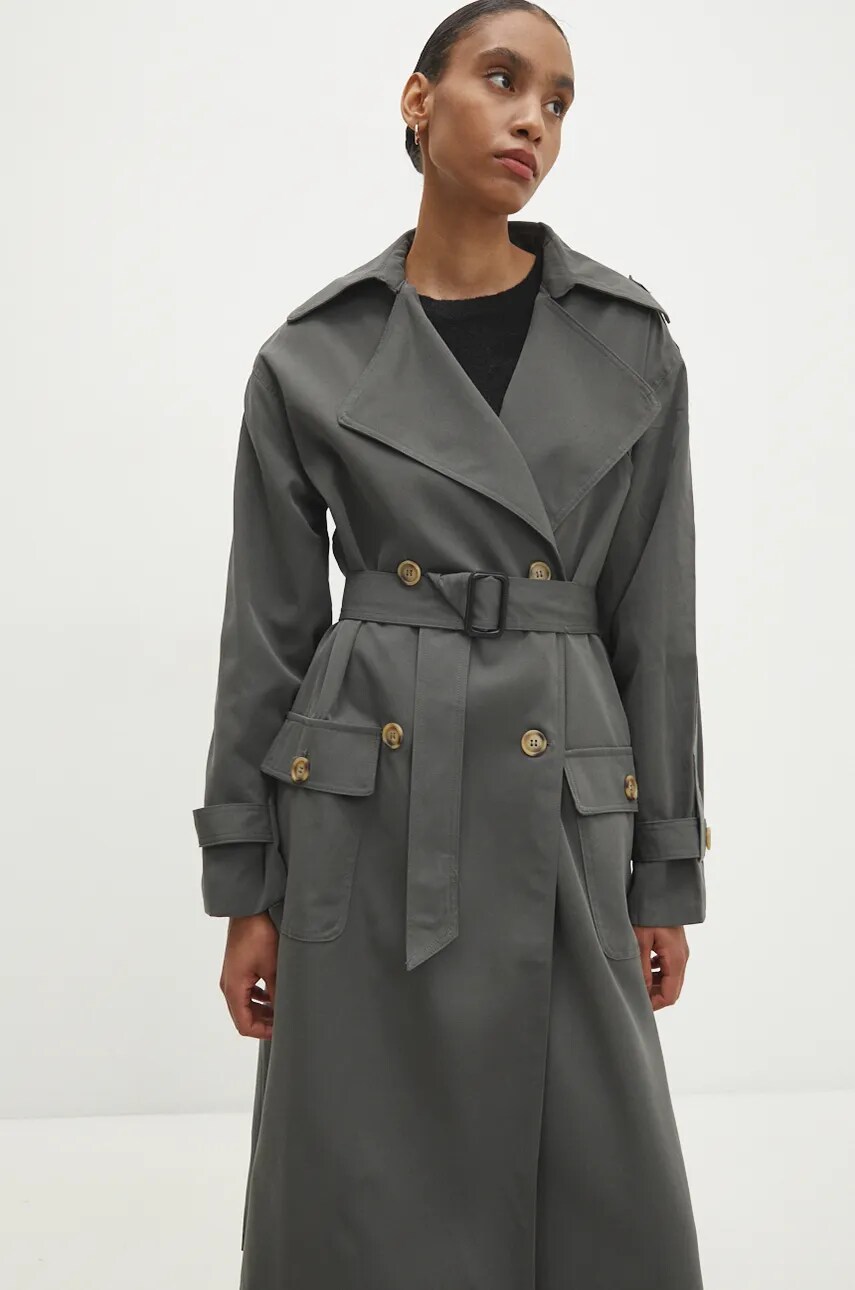 Бавовняний тренч Answear Lab колір сірий перехідний oversize
